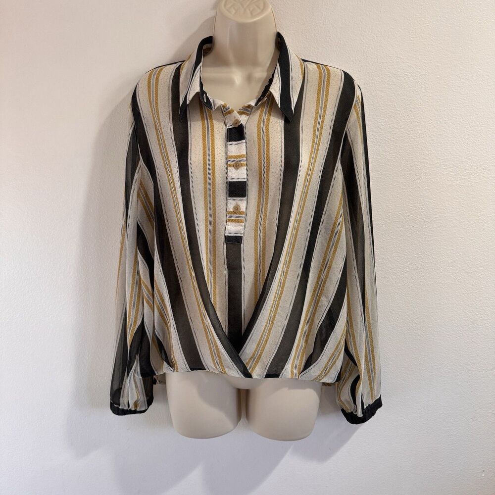 Cabi Blouse Shirt L Striped Chiffon Sheer Wrap High Low Button Front Black White